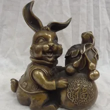 Народные Китайский Бронзовый Богатство Монета Фу Тыквы Счастливой Прекрасной Кролик Человек Человек Статуя