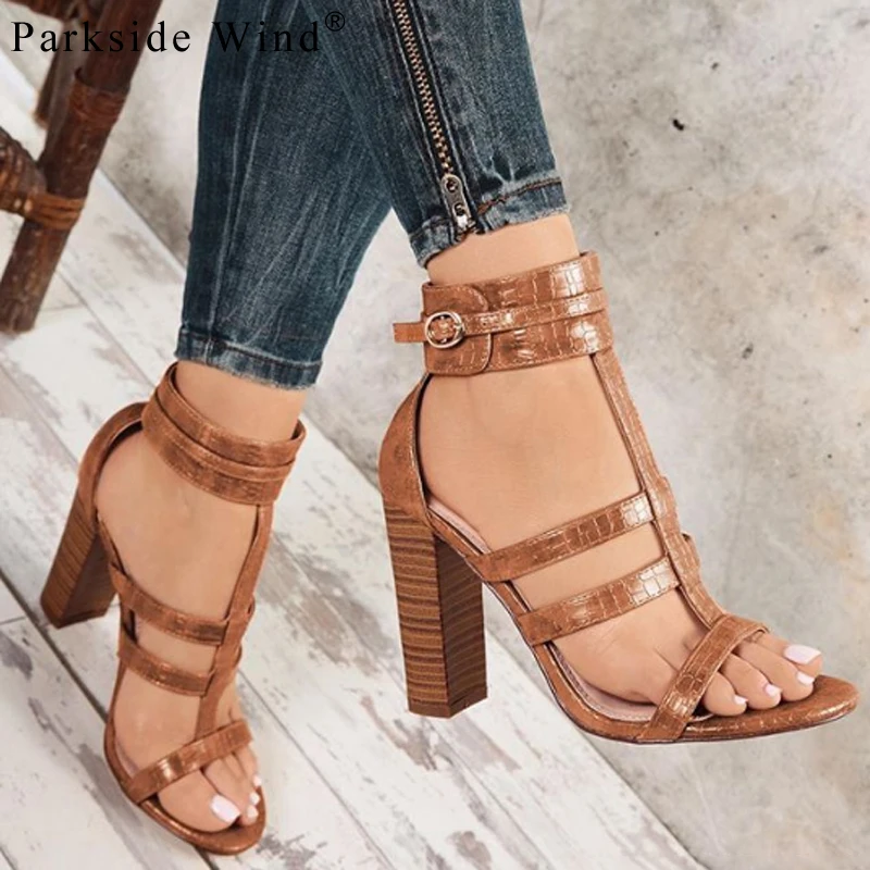 

Parkside Wind PU Leather High Heels Peep Toe Pritend Buckle Strap Women Sandals Fashion Gladiator Party Ladies Shoes XWC1325-5