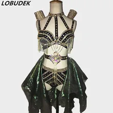 Ночной клуб бар вечерние шоу для женщин сценический наряд певица танцор DJ DS кристаллы Костюм блестящие стразы кисточки бикини набор