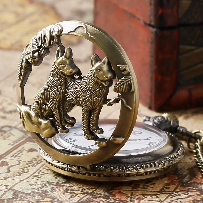 Classic Vintage Bronze Dog Wolf Hollow Quartz Fob Pocket Watch with Necklace Chain Pendant Clock Gift for Women Men