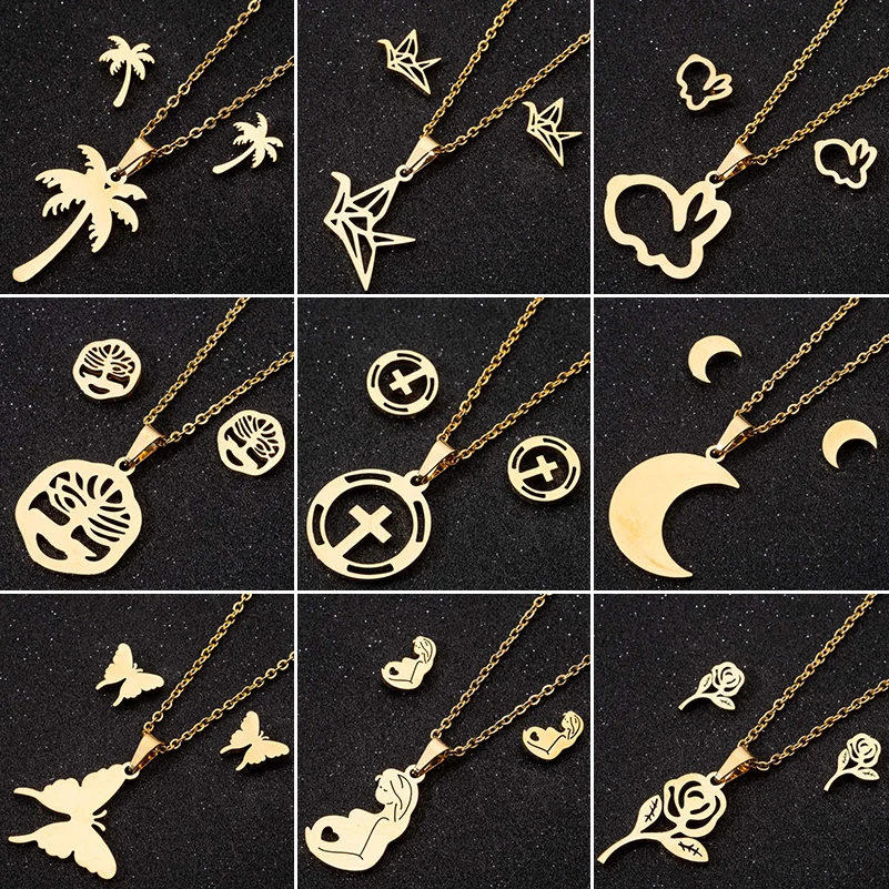 

Jisensp Gold Stainless Steel Jewelry Sets for Women Bird Pendant Animal Rabbit Butterfly Necklace Stud Earrings Collares Mujer