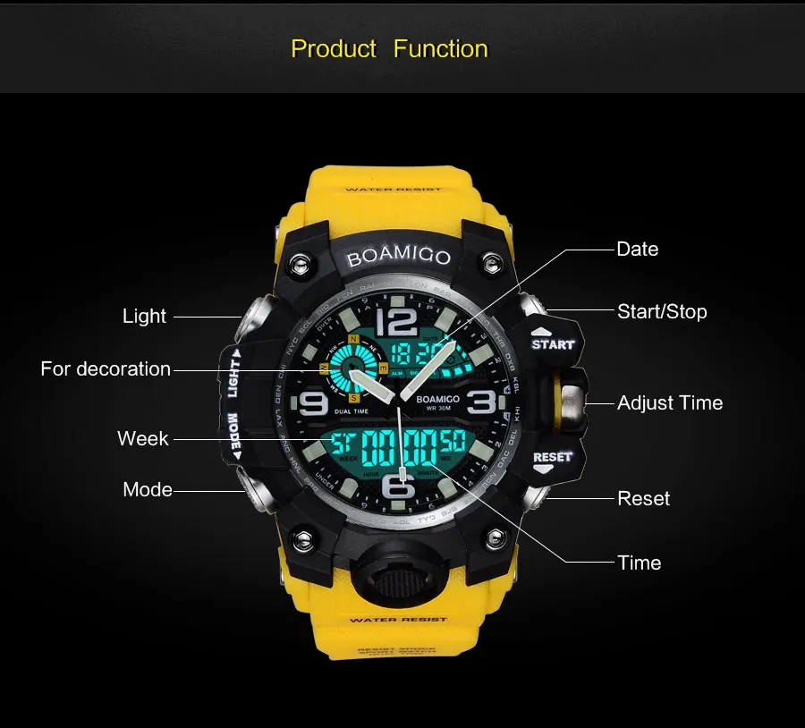 Бренд BOAMIGO, мужские спортивные часы, светодиодный цифровой аналоговый наручные часы, водонепроницаемые часы для плавания, желтая резина, подарок, часы, Relogios Masculino
