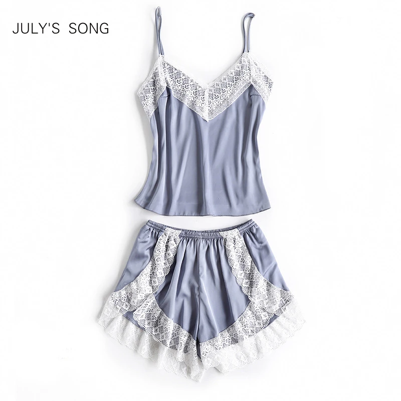 

JULY'S SONG Women's Sleepwear Sexy Satin Pajama Set Spring Summer Pajama Women Lace Sleeveless Sling and Shorts