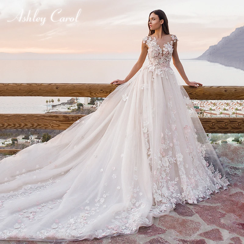 

Ashley Carol Appliques Scoop Short Tulle Wedding Dress 2019 Princess Flowers Chapel Train Bride Dress Backless Wedding Gowns