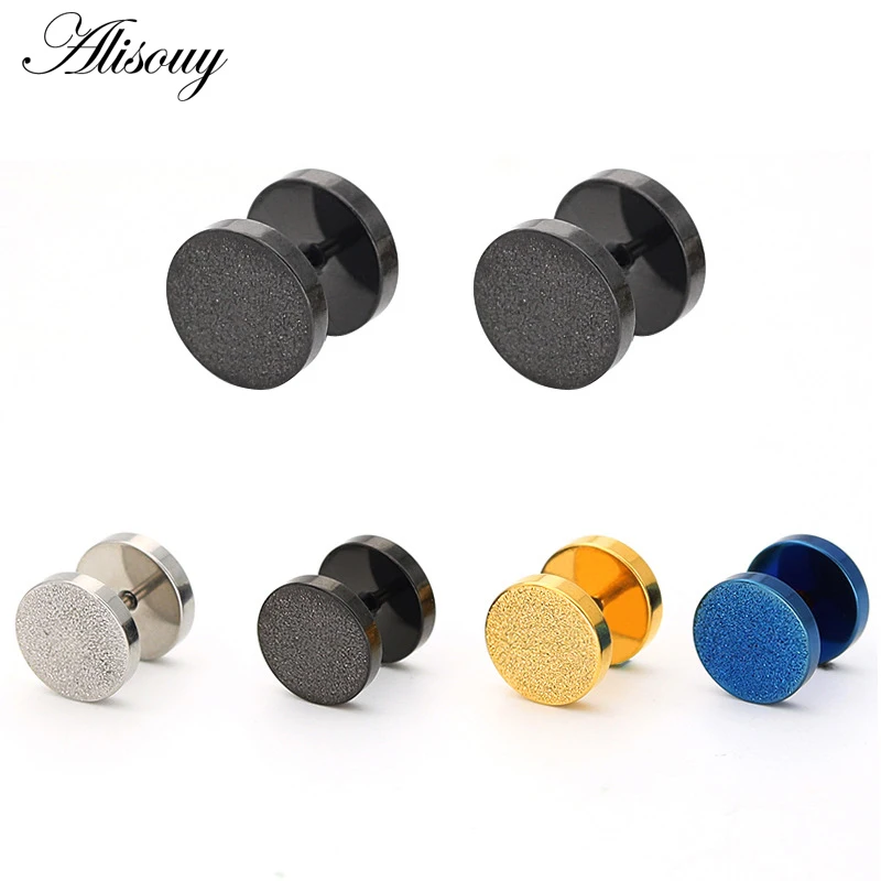 Alisouy 2Pcs New Gothic Barbell Earring Fashion Stainless Steel Round Plain scrub frosted Men Ear Stud Piercing Jewelry | Украшения и