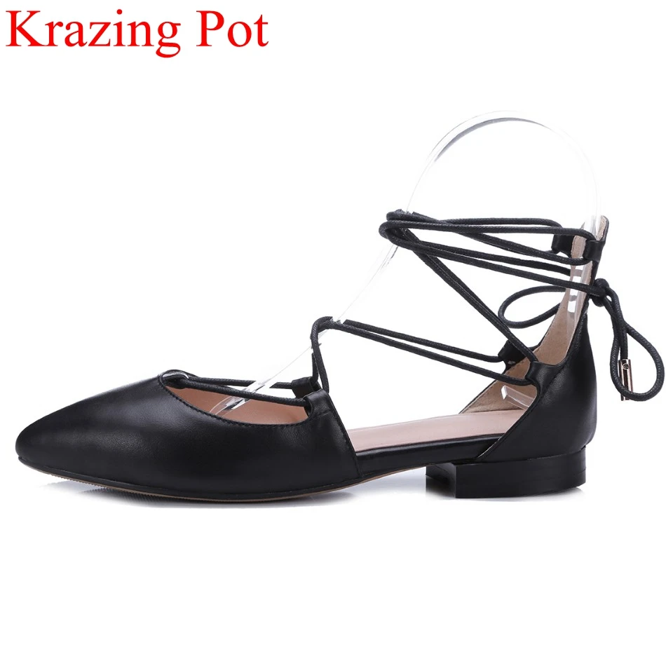 

Fashion Solid Gladiator Superstar Women Pumps Low Heel Pointed Toe Genuine Leather Shallow Ankle Strap Women Causal Shoes L15