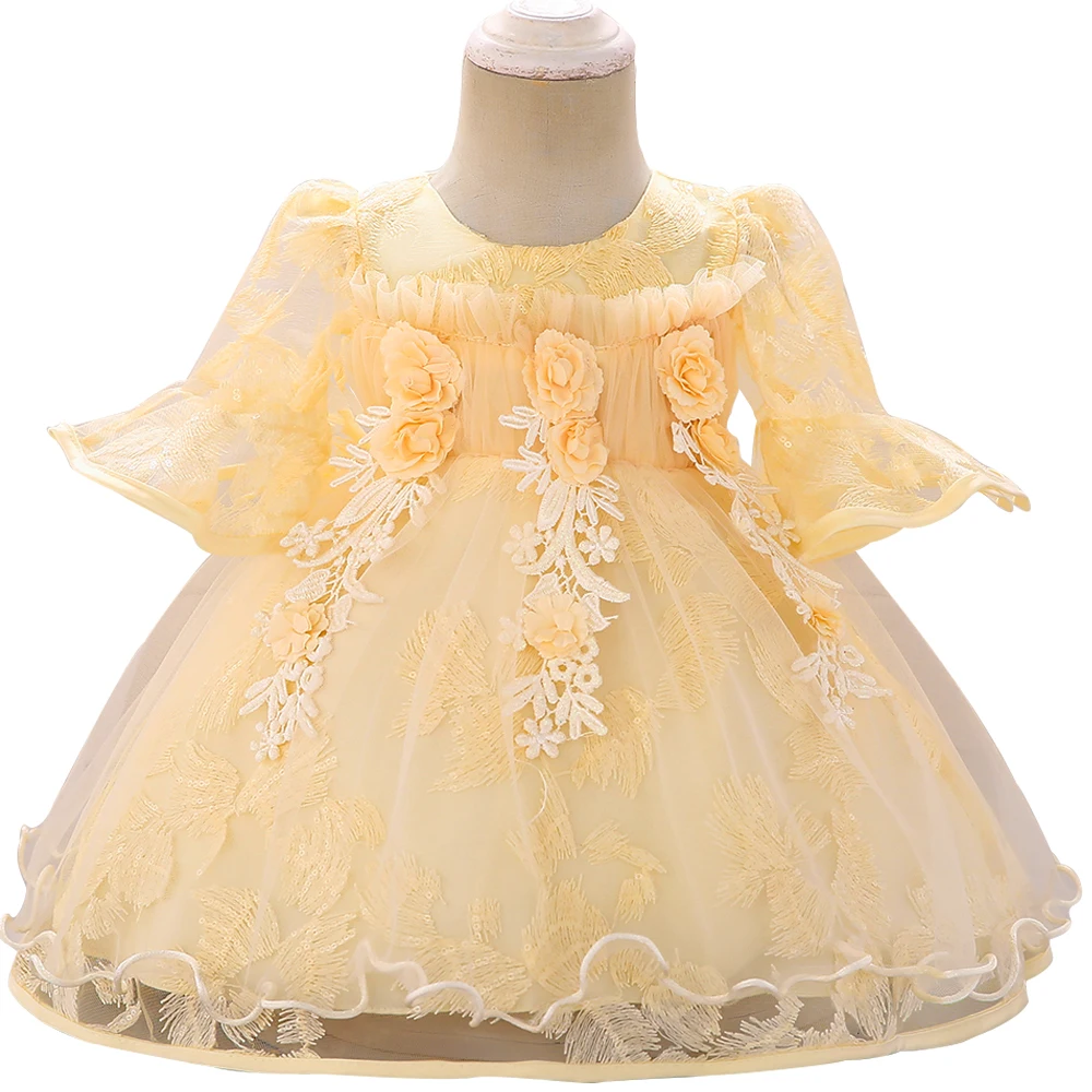 Платье на крестины для маленьких девочек 1 год с цветочным принтом; платья для новорожденных; праздничное платье принцессы с юбкой-пачкой для девочек; платья для первого дня рождения - Цвет: Champagne