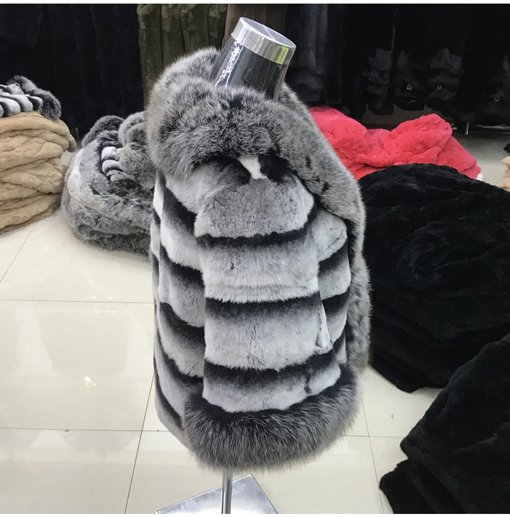 Cheap Women Rex Rabbit Fur Coat Warm Soft Rex Rabbit Fur Jacket With Big Real Fox Fur Collar 100% Natural Real Rex Rabbit Fur Overcoat 5