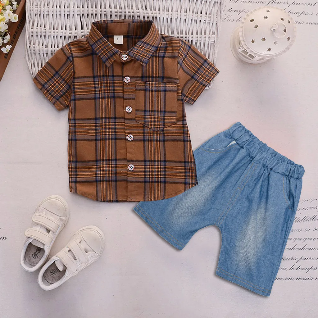Infant Baby Girl Gentleman Plaid Shirt Print Solid Denim Shorts 2PC Set Outfits children clothing set toddler boy clothes | Детская