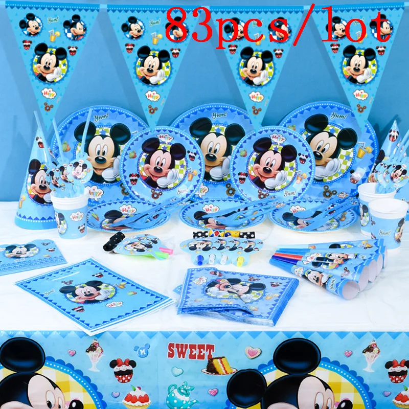 

Mickey Mouse Theme 83Pcs/lot Disney Cup+Plate+Napkin+Horn+Banner+Straw Boy Birthday Party Gift Bag Tablecloth Decoration Supply