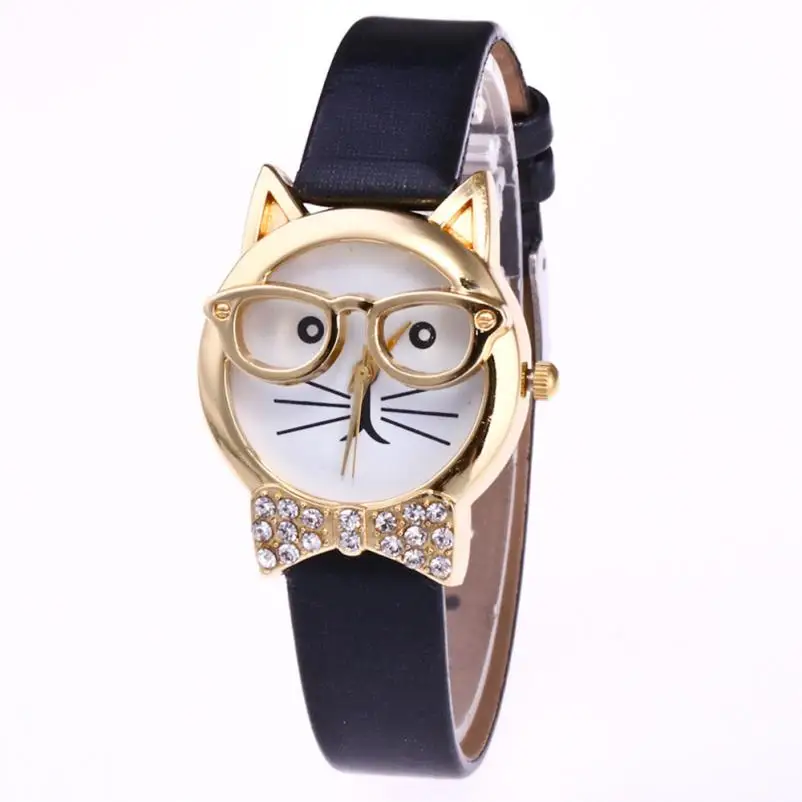 Милые очки кот кварцевые часы для женщин темперамент из искусственной кожи ремешок аналоговые наручные часы женские спортивные часы платье часы# YL5 - Цвет: Черный