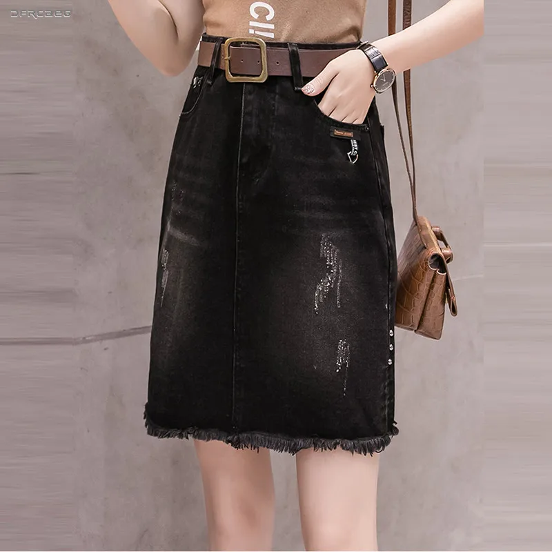 

Black Summer Vintage Denim Pencil Skirt With Tassel Elegant Streetwear Denim Midi Skirt Female Blue Saias Jean