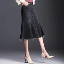 Весна-осень Винтаж женские, с высокой талией кисточкой рваные джинсовые юбка-годе, Женский Для женщин s Тонкий оборками 4xl джинсы юбка-годе