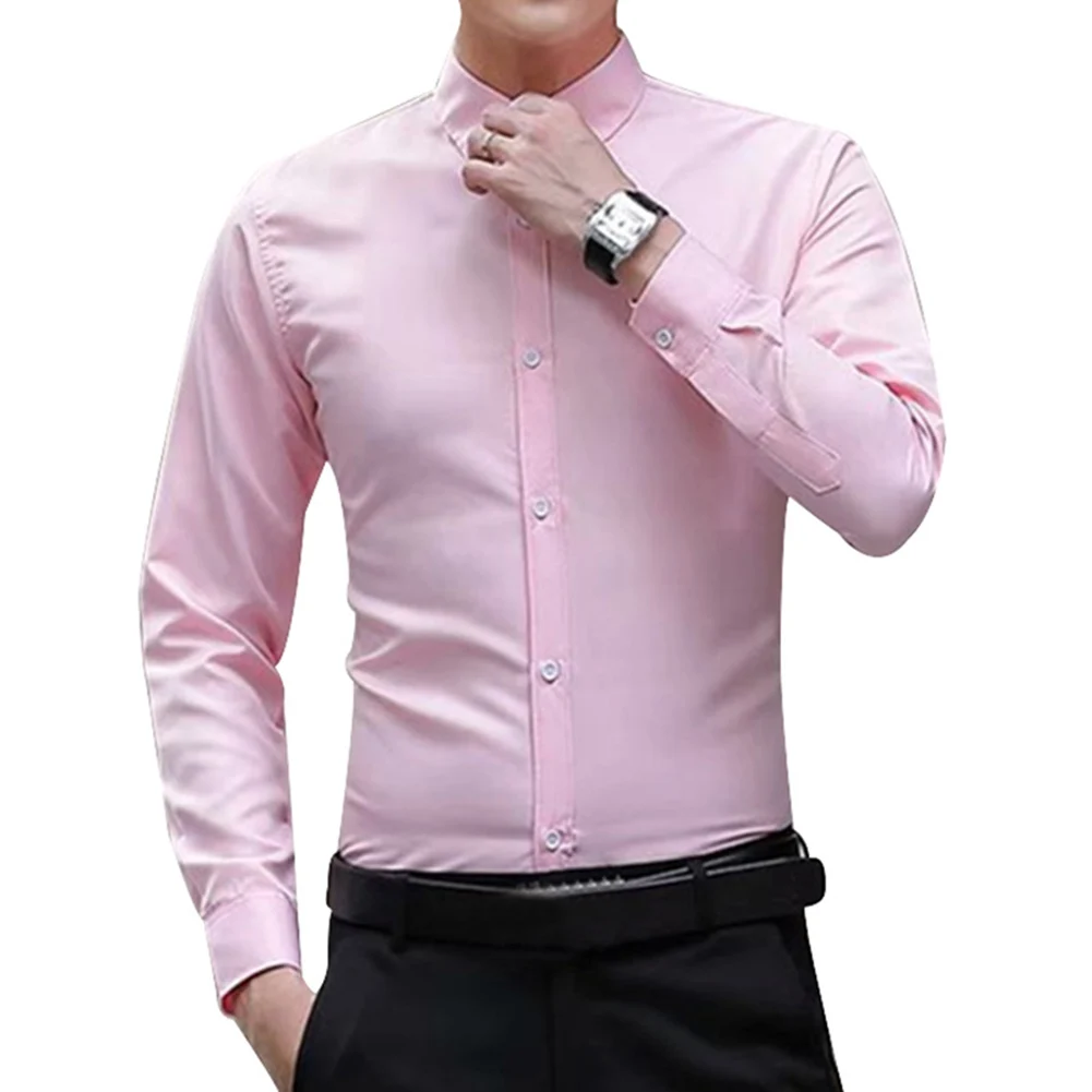 Новое поступление, мужские рубашки с длинным рукавом, облегающие однотонные деловые формальные рубашки на осень - Цвет: Розовый