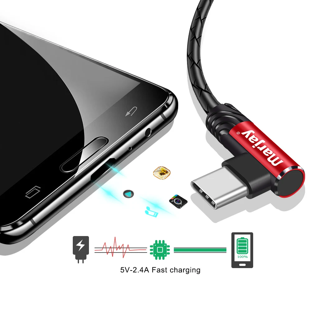 Marjay, USB кабель для быстрой зарядки типа C, 90 градусов, USB C, игровой кабель для зарядки, зарядное устройство для телефона Android, кабель для передачи данных с углом 90 градусов