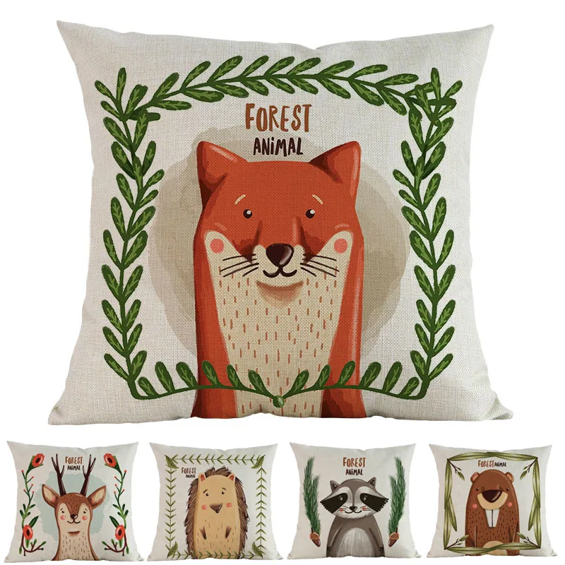 

Forest Cute Small Animals Raccoon Fox Hedgehog Squirrel Rabbit Throw Pillow Case Home Sofa kid's Room Decoration Cushion Cover