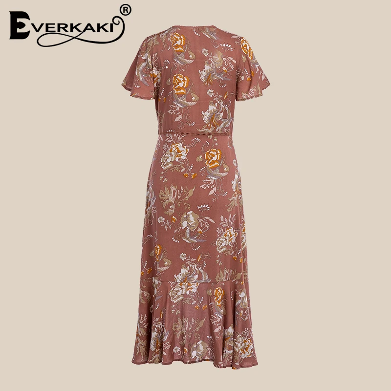 Everkaki Gypsy Floral Print Cotton Dress Women V Neck Lace Bohemian Midi Tunic Dress Boho Style Women Clothes 2018 Spell Design