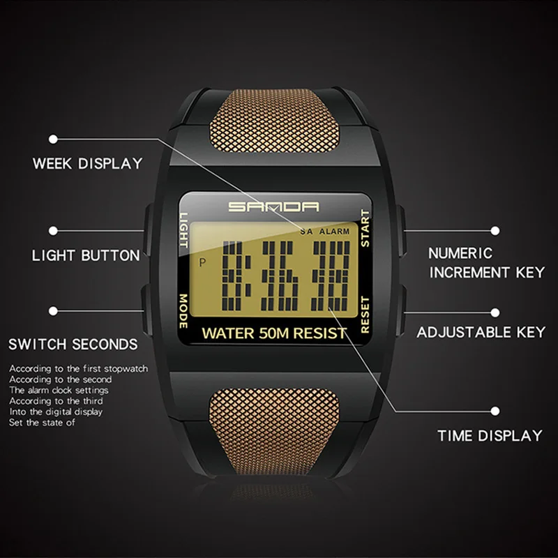SANDA креативные СВЕТОДИОДНЫЕ Цифровые спортивные часы мужские водонепроницаемые военные часы для отдыха на открытом воздухе студенческие часы с будильником Relogio Masculino