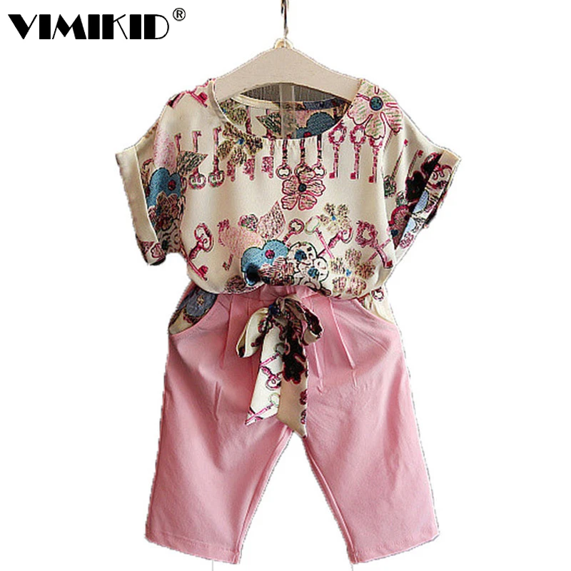 

VIMIKID 2018 summer new Korean girls print short-sleeved shirt + cropped pants fashion suit