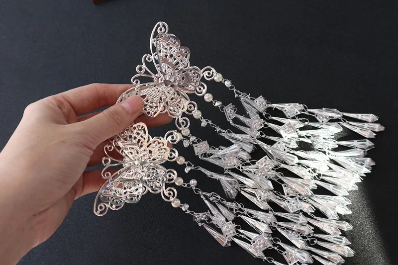 

charming Miao silver slice tasseled hairpin hairdress FLOWER Butterfly headwear shipping free