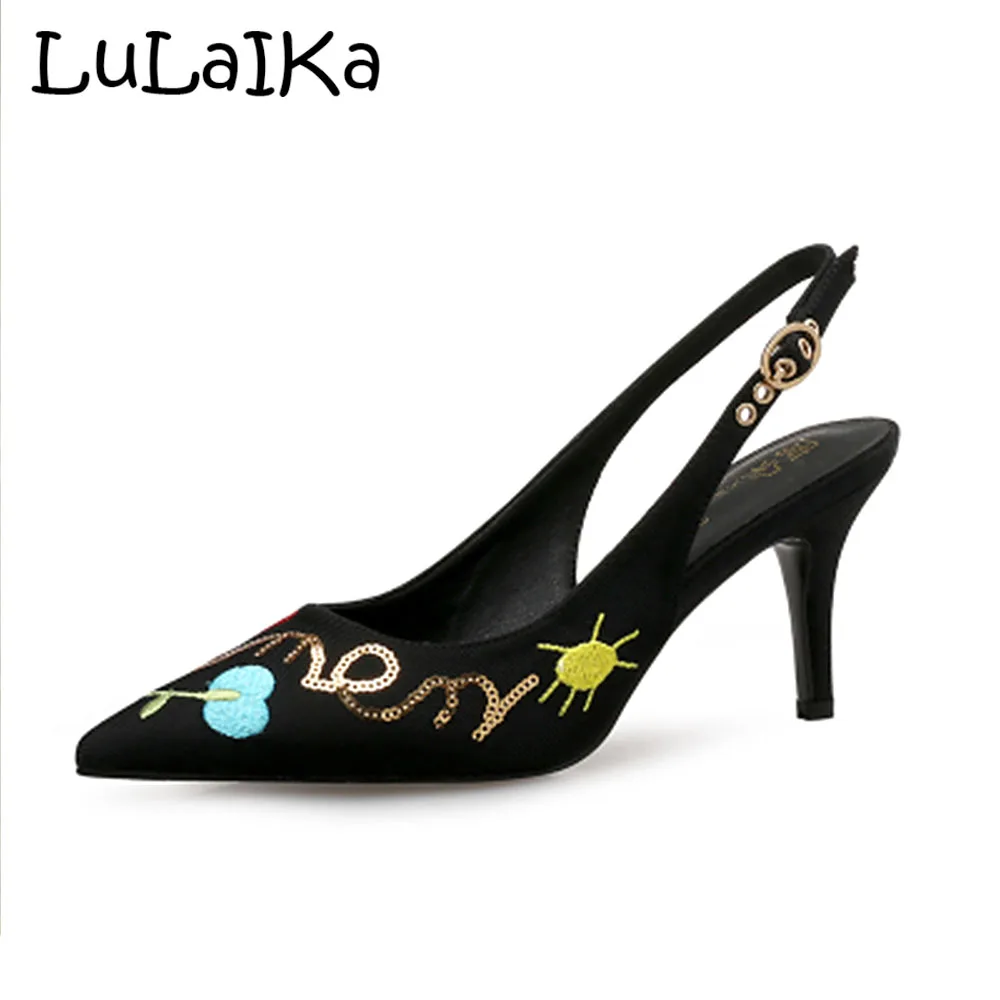 

Luxury Embroider decor pointed toe woman high heels ankle buckle sexy pumps Shoes summer party wedding Women High Heels sandals