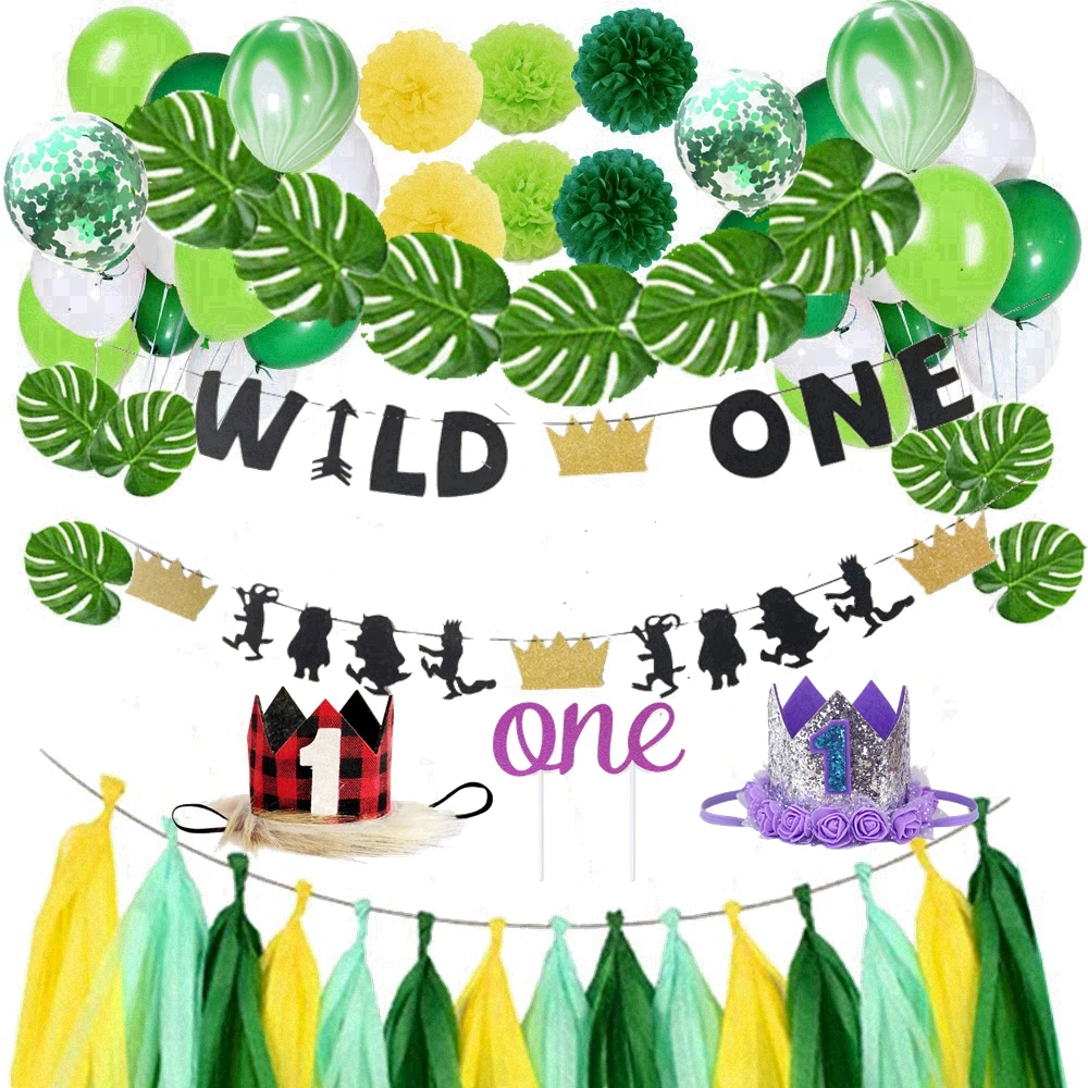 

Lumberjack Series Wild One Kid's 1st birthday Flag Cake Topper Table Chair Skirt Paper Tassel Flower Ball Set Decor