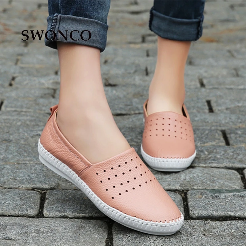 En Chaussures Cuir Black white Femme 2018 Mocassins De Femmes Slip Appartements Sur Véritable Casual Dames Swonco pink qRYt0w