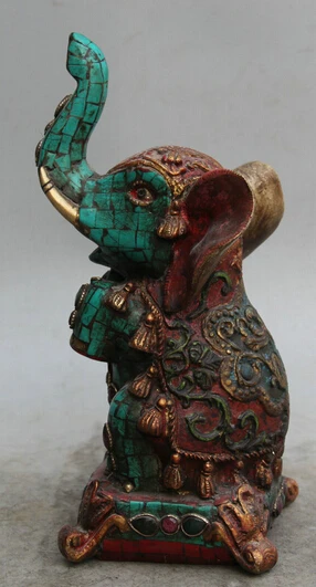 

JP S0522 9" Chinese Red Coral turquoise Bronze Folk Auspicious elephant Statue sculpture