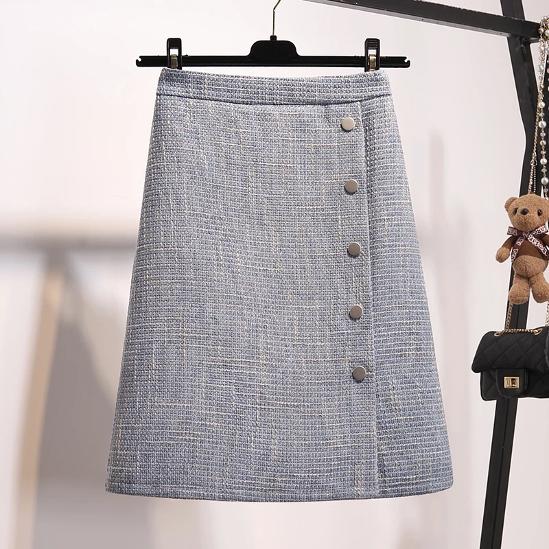 

Knee-Length Skirt Single Breasted Preppy Style Solid A-Line Empire Waist Autumn Winter 2018