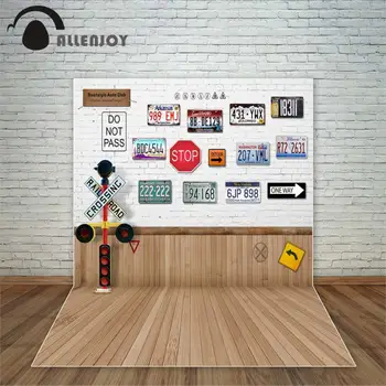 

Allenjoy Fashion License Plates Background White Brick Wall Wood Floor Interior Traffic Light photocall decorations for home