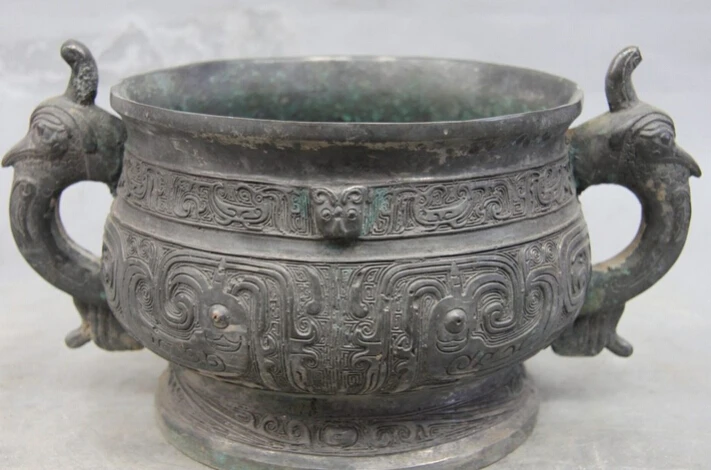 

Collectible bronze S2933 China Dynasty Bronze Copper Beast Ear Pattern Tank Crock Flask kettle Bottle Pot
