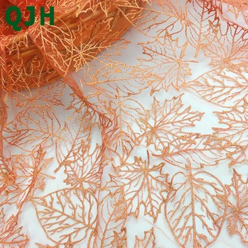 

High Quality 1 yard maple leaf embroidery lace net yarn orange African tulle fabrics DIY charming evening dress handwork cloth