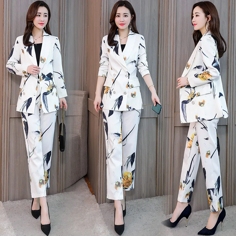 Set female pants suit suit jacket 2019 spring and autumn new fashion printing small suit jacket casual wide leg pants two-piece