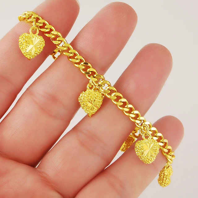 Fpure gold color 4mm cable link chain with heart charms Bracelet bangle