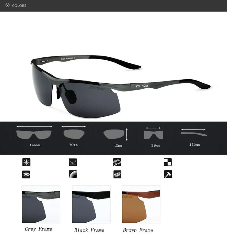 Мужские поляризованные солнцезащитные очки VEITHDIA с логотипом из алюминия и магния UV400, солнцезащитные очки для вождения,, аксессуары 6535