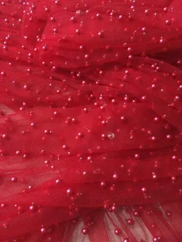 

CGL6133-2 red color African net lace fabric embroidery French tulle lace fabric with beads