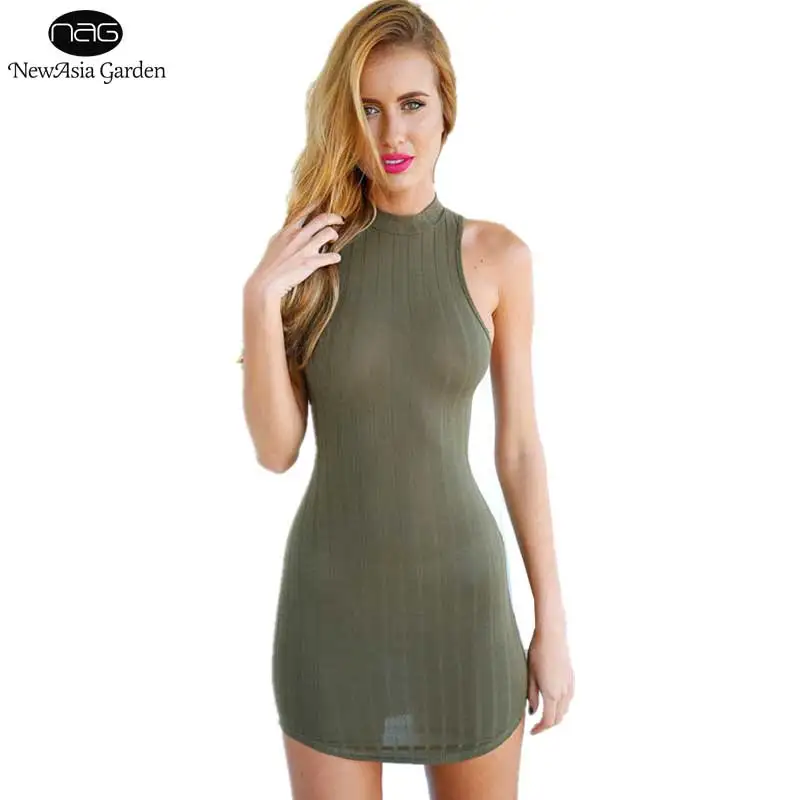 

Both Side Dressed Cross Back Choker Sleeveless Women's Dress Mini Party Club Wear Ribbed Olive Green Dresses S-L New