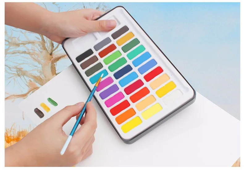 Bianyo 30 Colors Artist Watercolor Solid Paints Set For Portable Outdoor Sketch Soluble Brush Child