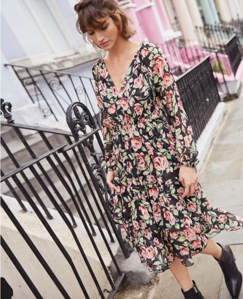 

2019 New Women Rose Flower Print Ruffle Silk Long Dress Long Sleeve Tie Ribbon Neck Elegant Dress
