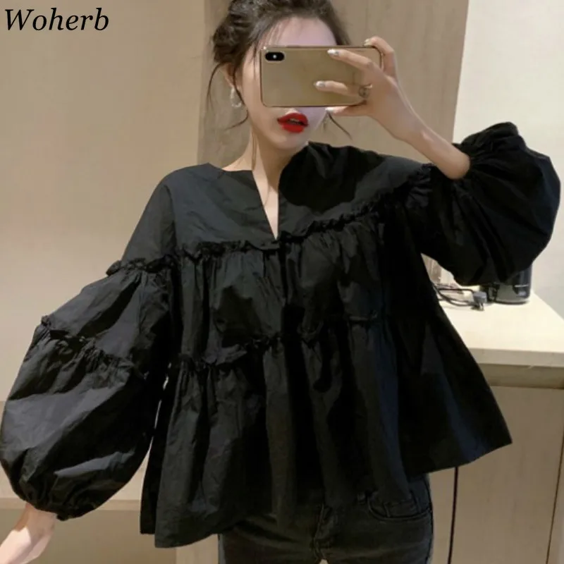

Woherb Black Shirts Women Blouses Elegant Pleated Long Puff Sleeve Ladies Tops and Blouse 2019 Spring Summer Loose Blusas Mujer