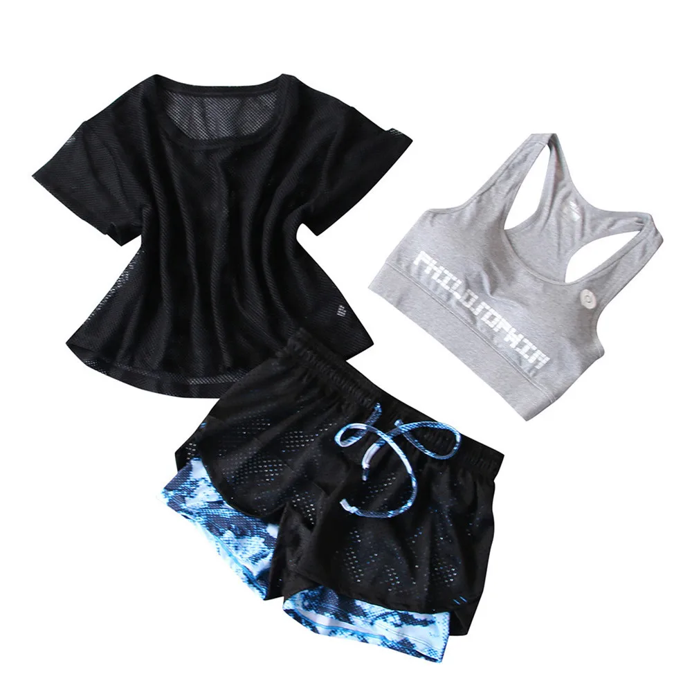 

JAYCOSIN Women Sets Clothes Mesh Short Top+Short Pants+Bras Three Piece Sets Fitness Running Summer Tracksuit Blue 2019
