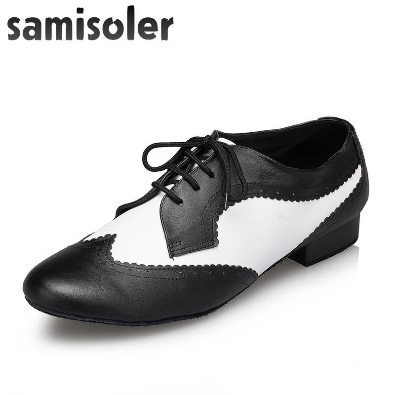 Samisoler/черно белые мужские черные кожаные Бальные танцевальные туфли на плоской