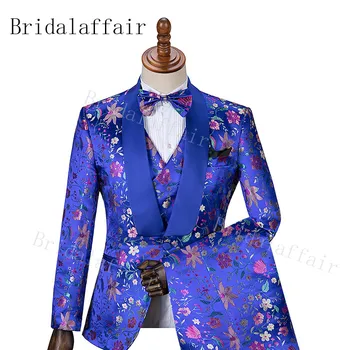 

Bridalaffair Royal Blue Men Suits With Flower Embrodeiry Handsome Fashion Tuxedos Custome Homme Terno Masculino Slim Fit Suits