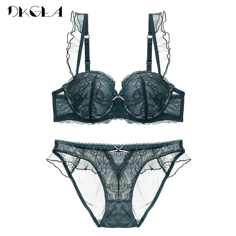 Top Sexy Bra Panties Set Embroidery Lingerie Thick Gray Lace Underwear Sets  Cotton Bras Push Up