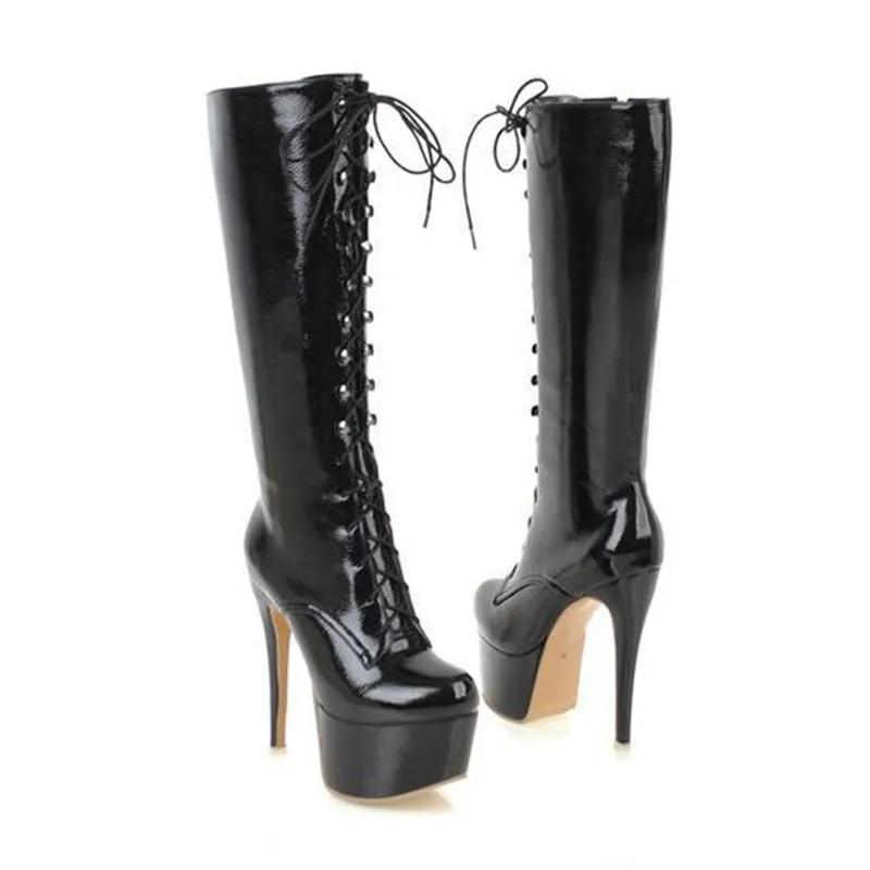Sexy Patent Leather Thin Heels Women Knee High Boots Big Size Ladies Platform High Heels Pole Dancing Boots Women Mid-Calf Boots (4)