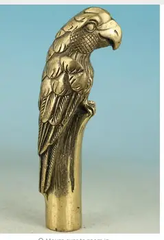 

bronze Pure Copper Old Qing Ming Brass Chinese Old Brass Handmade Carved Parrot Collect Statue Walking Stick Head