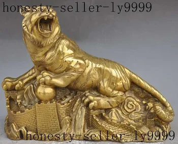 

chinese fengshui brass zodiac animal tiger Great wall play bead lucky statue