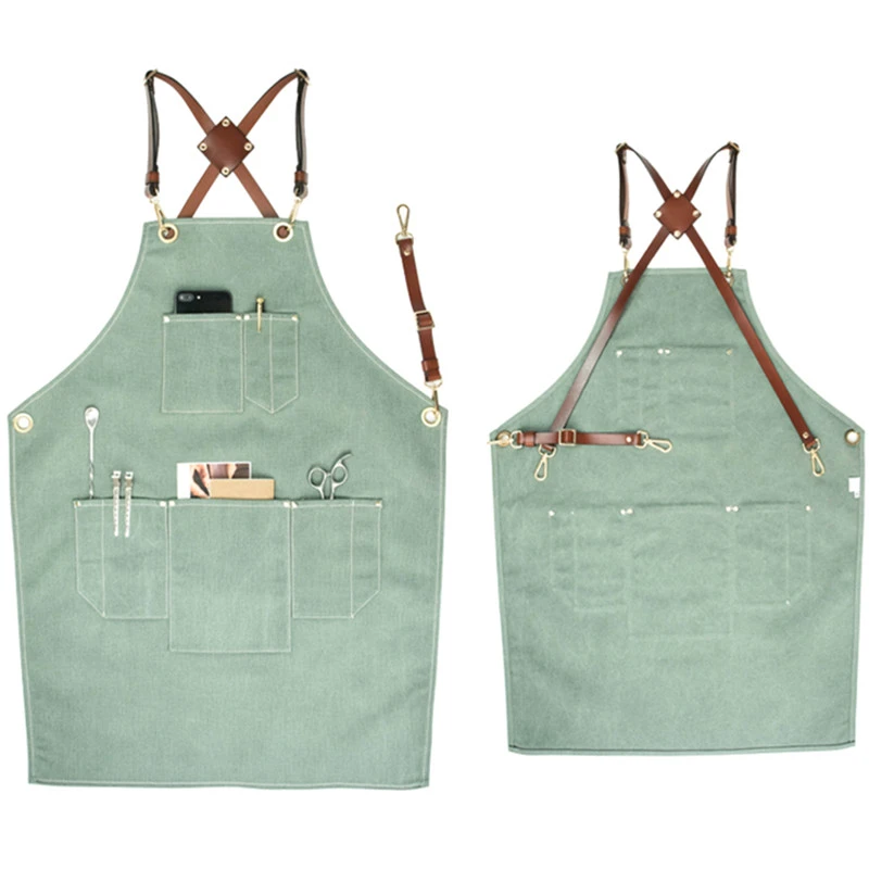 Green Canvas Apron Leather Strap Barista Bartender Baker Chef Waitstaff Uniform Hairdresser Barber Florist Painter Work Wear K46 Aprons Aliexpress