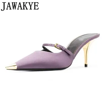 

Gold Metal Heel Pointed Toe Dress Mules Elegant Violet Buckle Strap Satin High Heel Summer Slippers Formal Shoes Women sandals