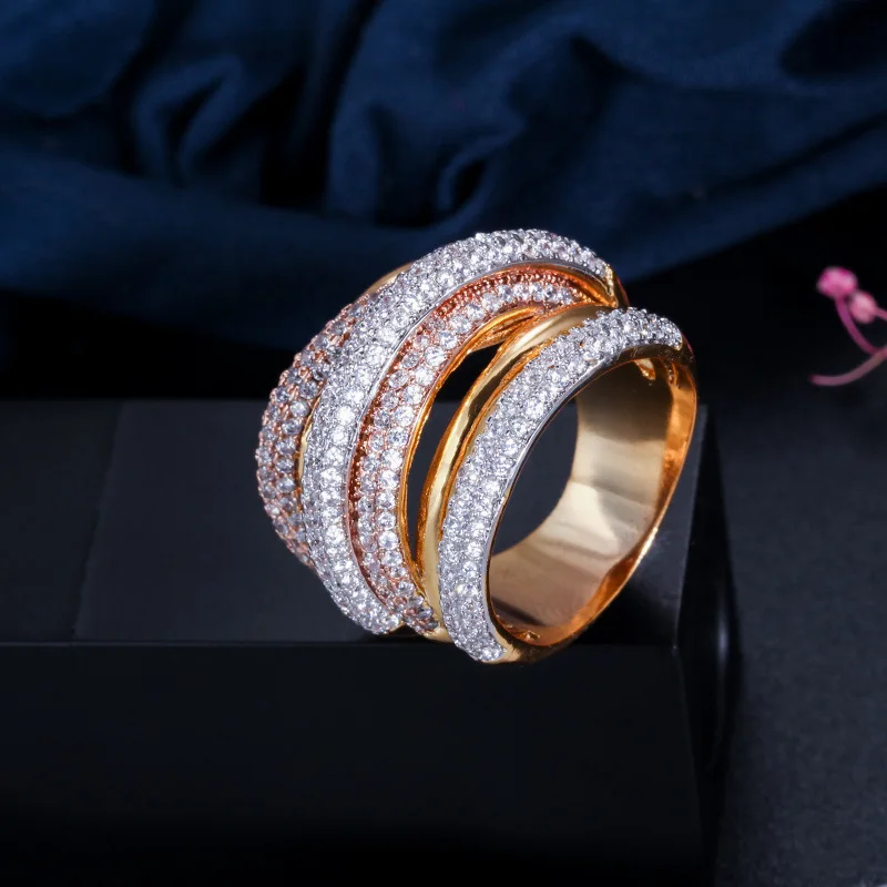 Pera Роскошные известный бренд дизайн 3 тонов Дубай золото кубического циркония африканские большие женские обручальные свадебные вечерние кольца R105